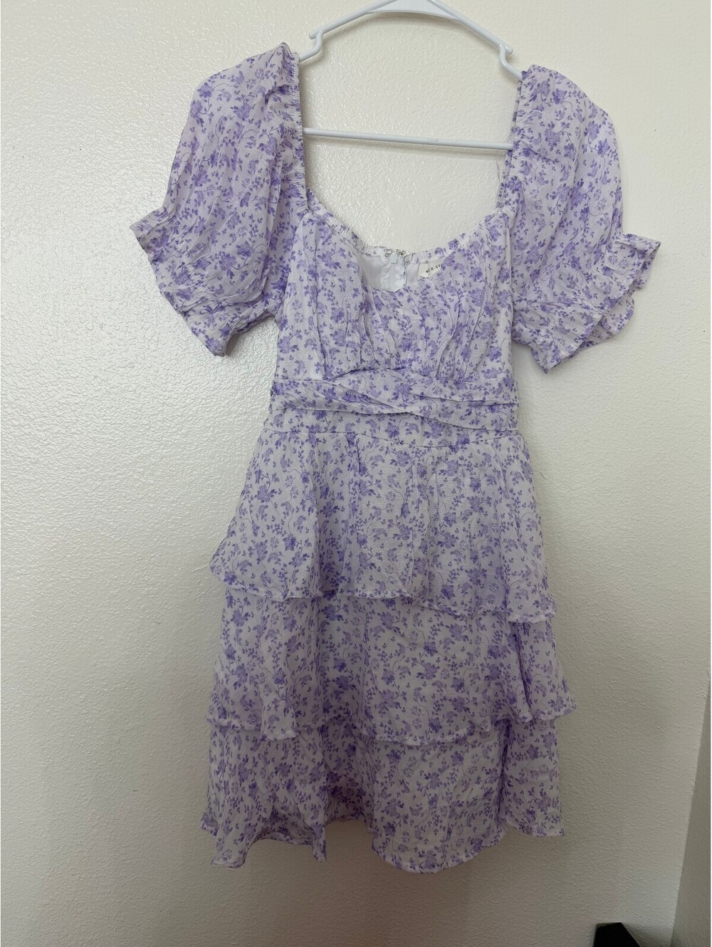 Alterd State Lavender Floral Puff Sleeve Dress with Tiered Ruffles and Waist Tie